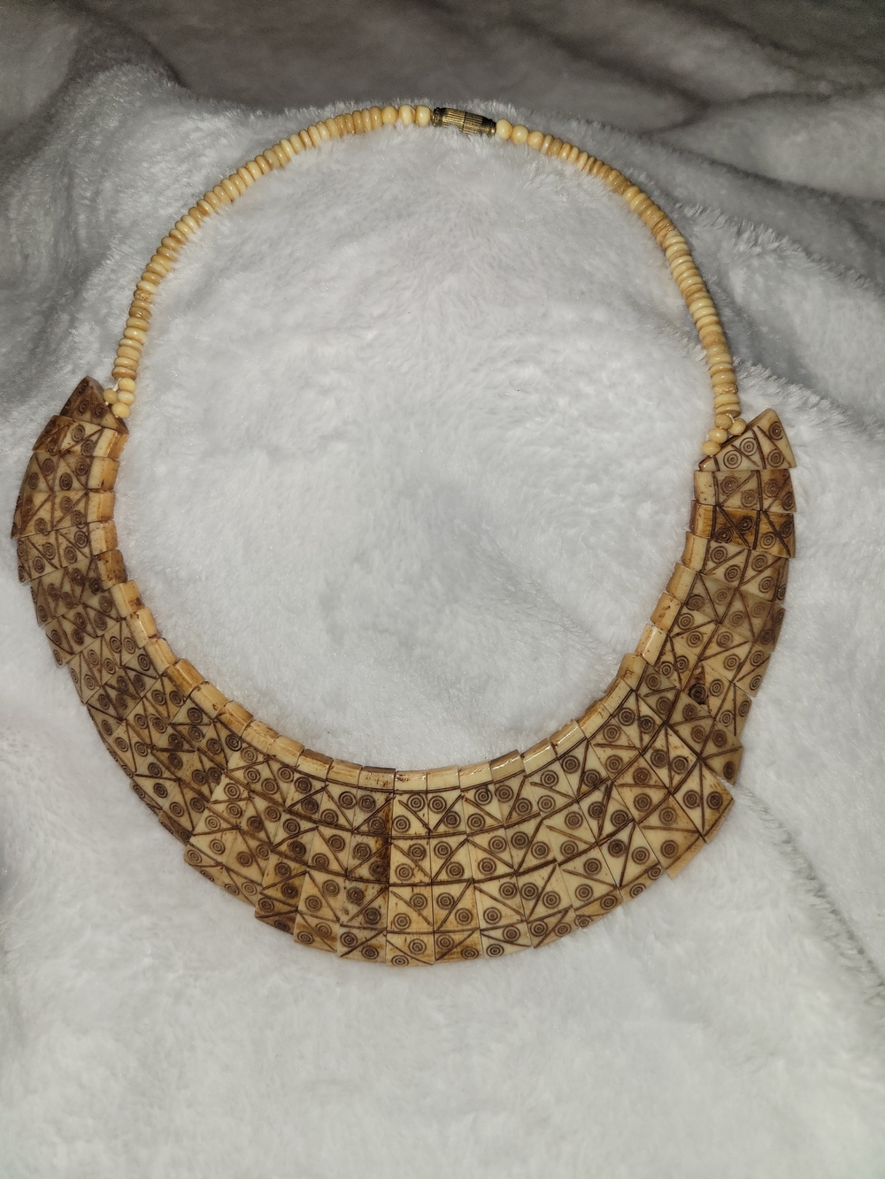 Handcrafted Beige Etched Wood Statement Necklace